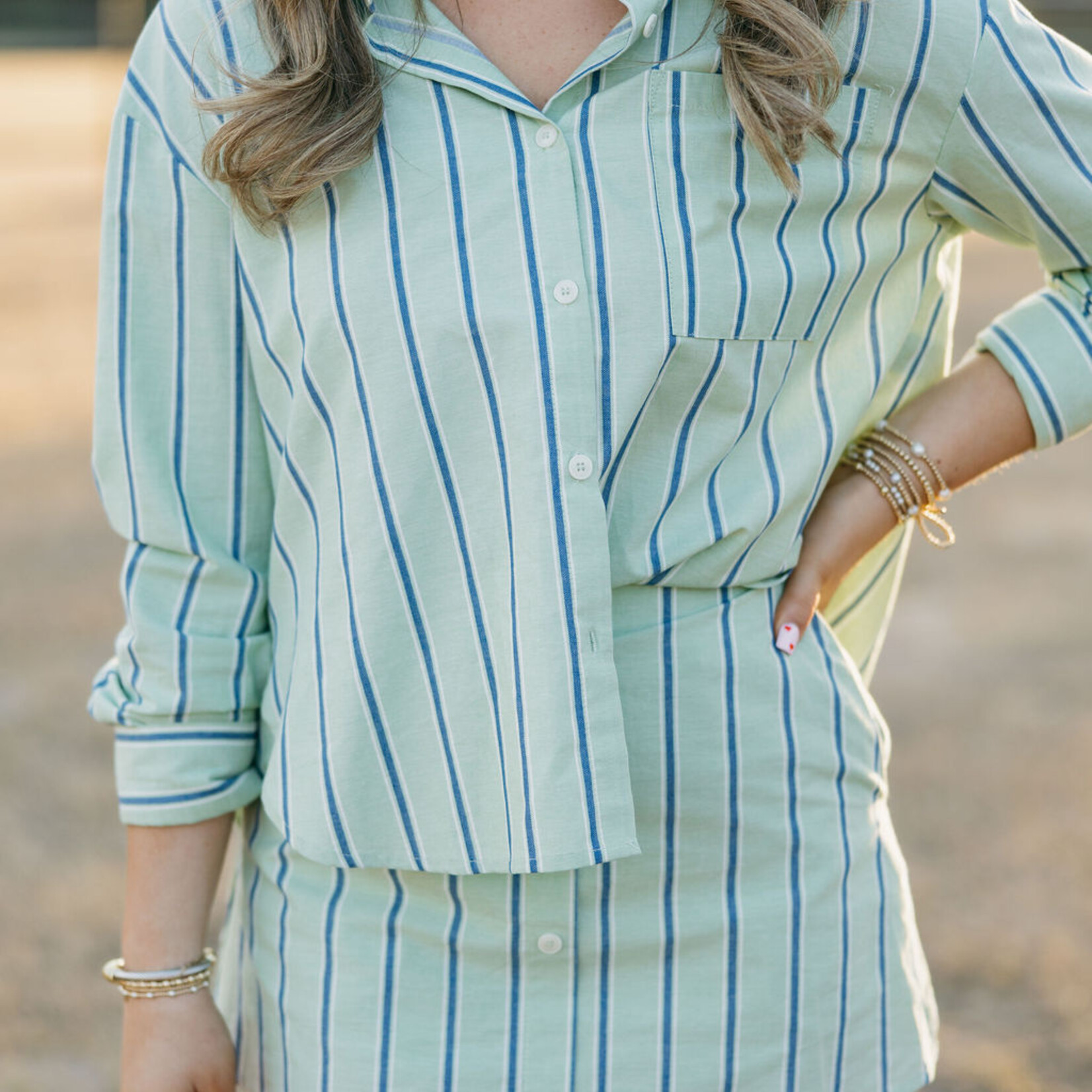 Striped Long Sleeve Button Down Skort Set