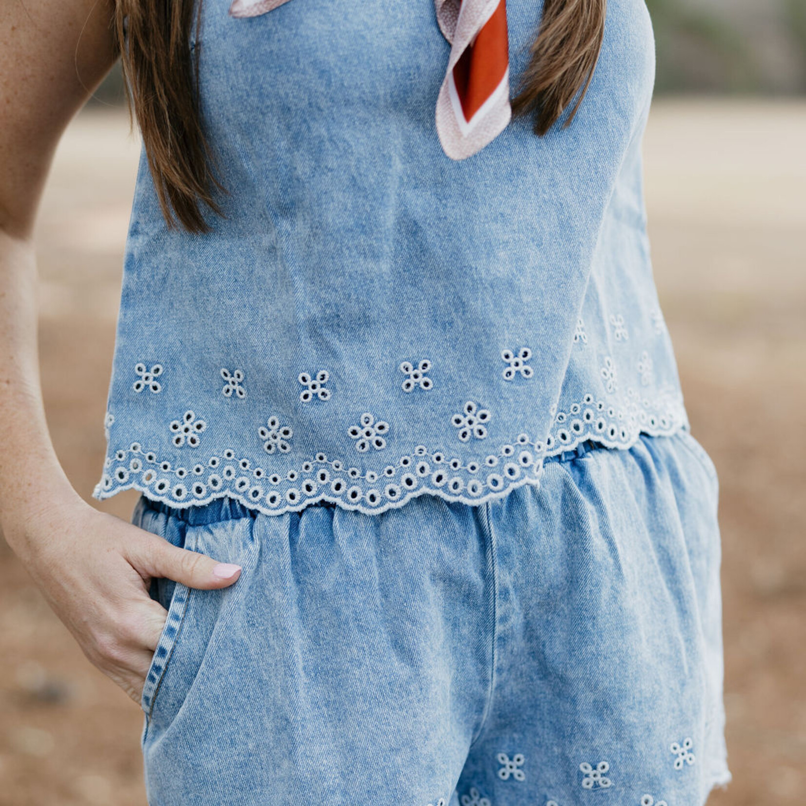 needii Embroidered Scallop Detail Denim Shorts Set