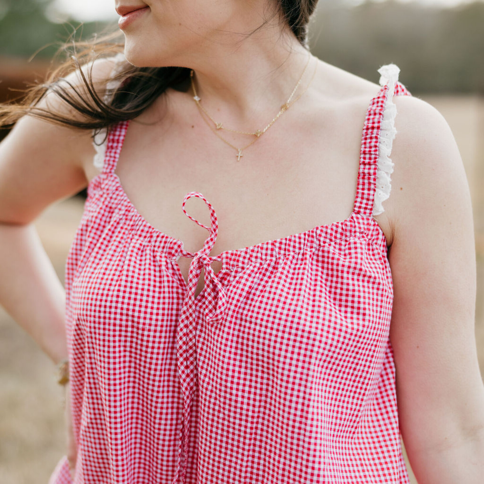 needii Eyelet Trim Gingham Romper