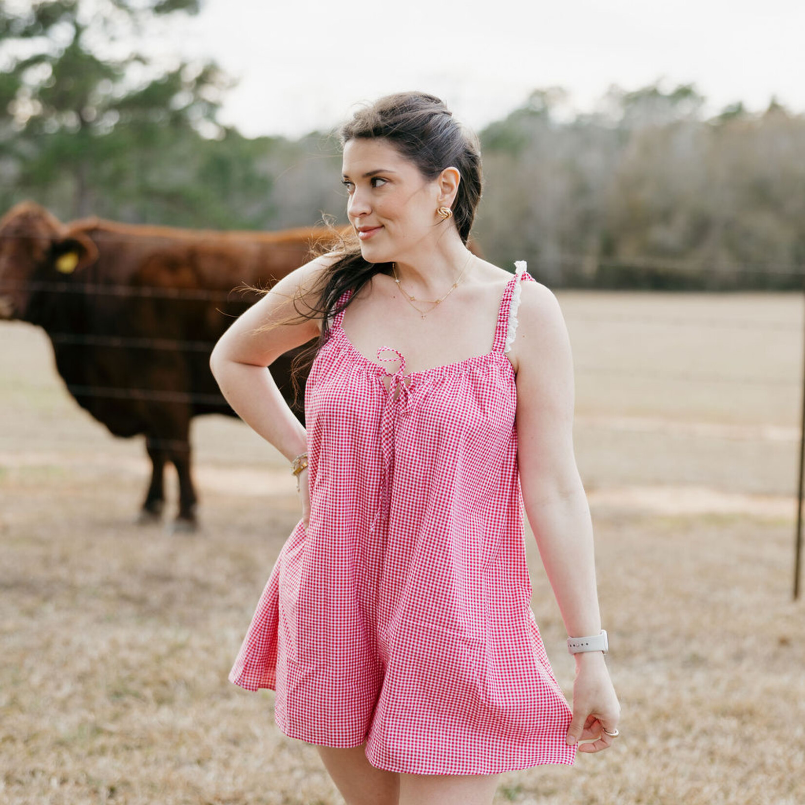 needii Eyelet Trim Gingham Romper