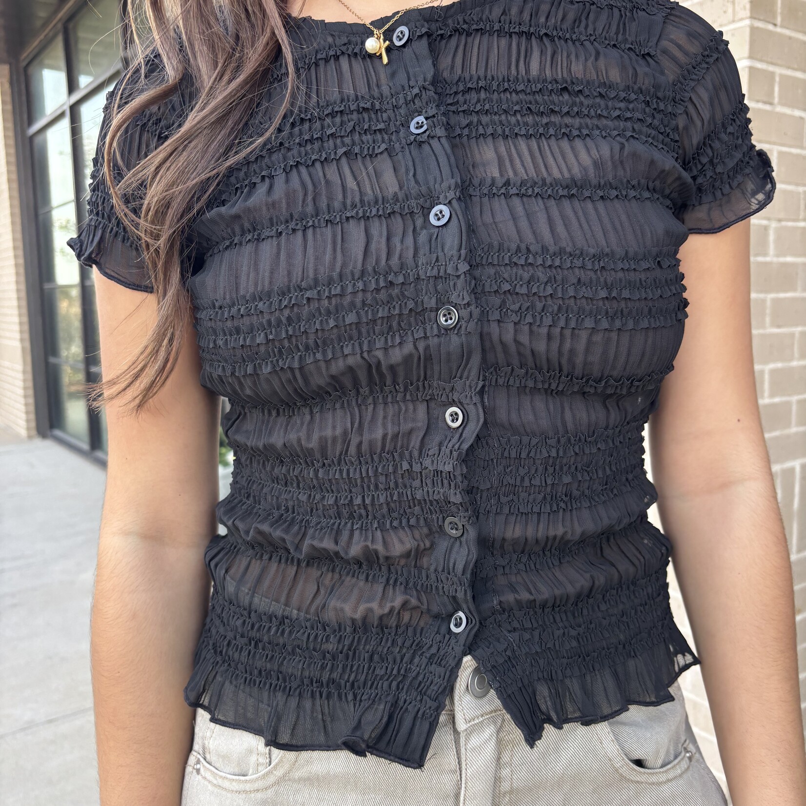 Sheer Shirred Button Down Blouse