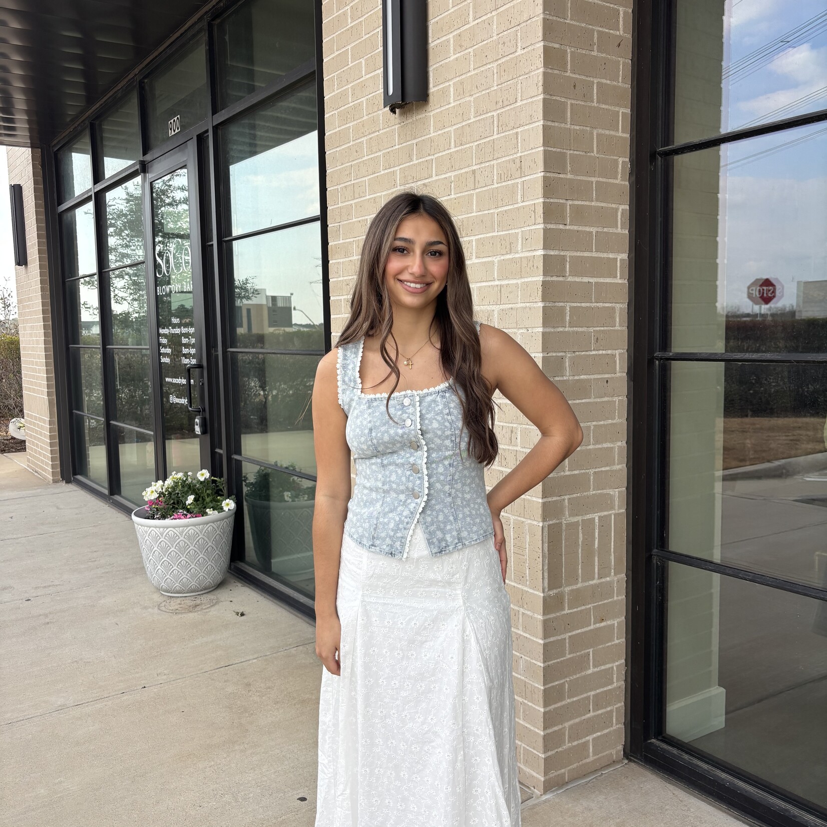 Lace Trim Floral Print Denim Vest