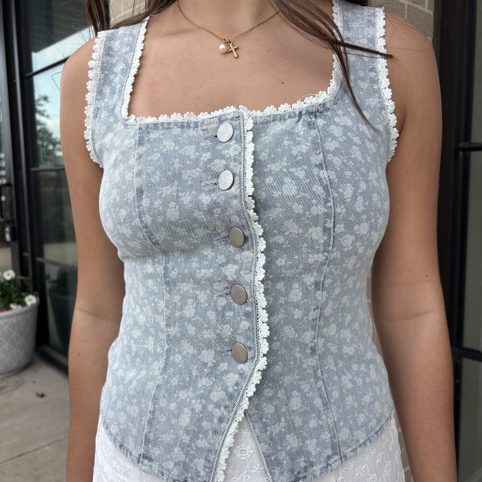 Lace Trim Floral Print Denim Vest