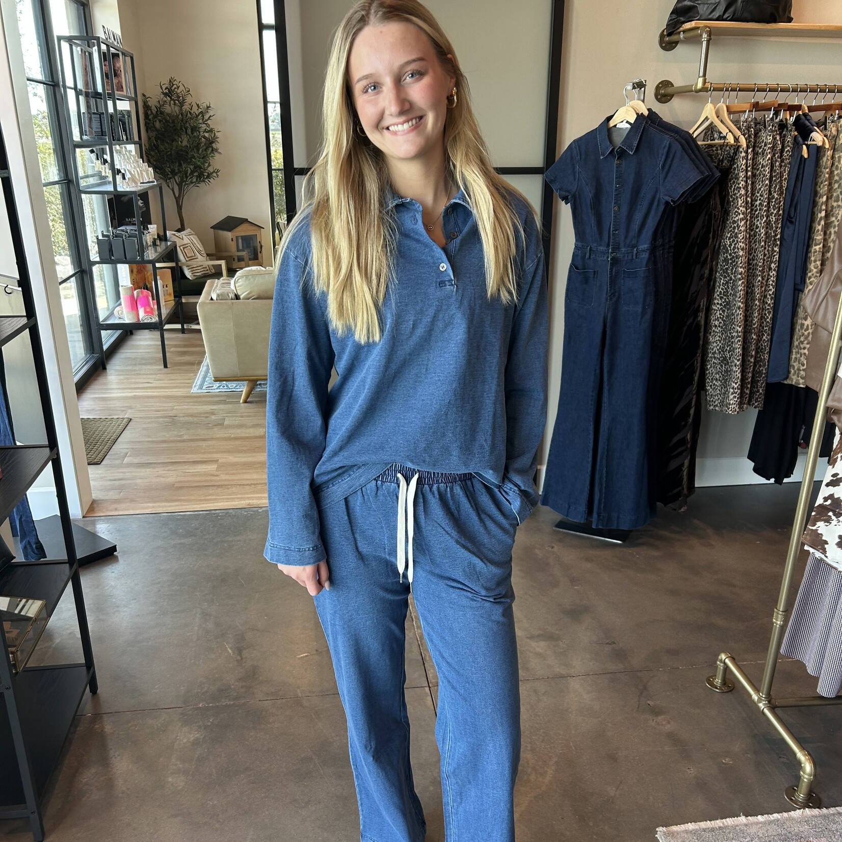 needii Washed Denim Knit Pants Set