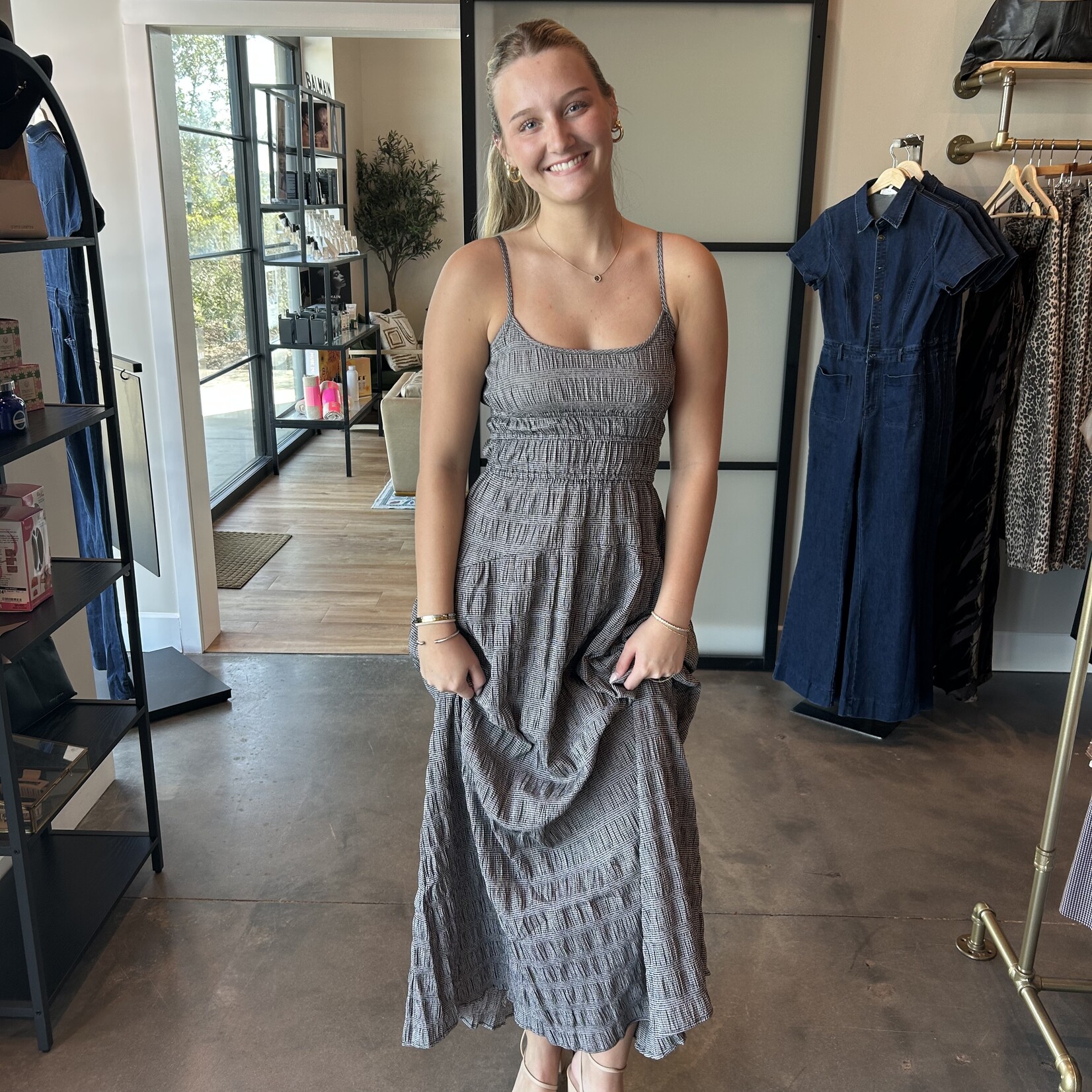 needii Gingham Seersucker Smocked Waist Maxi Dress