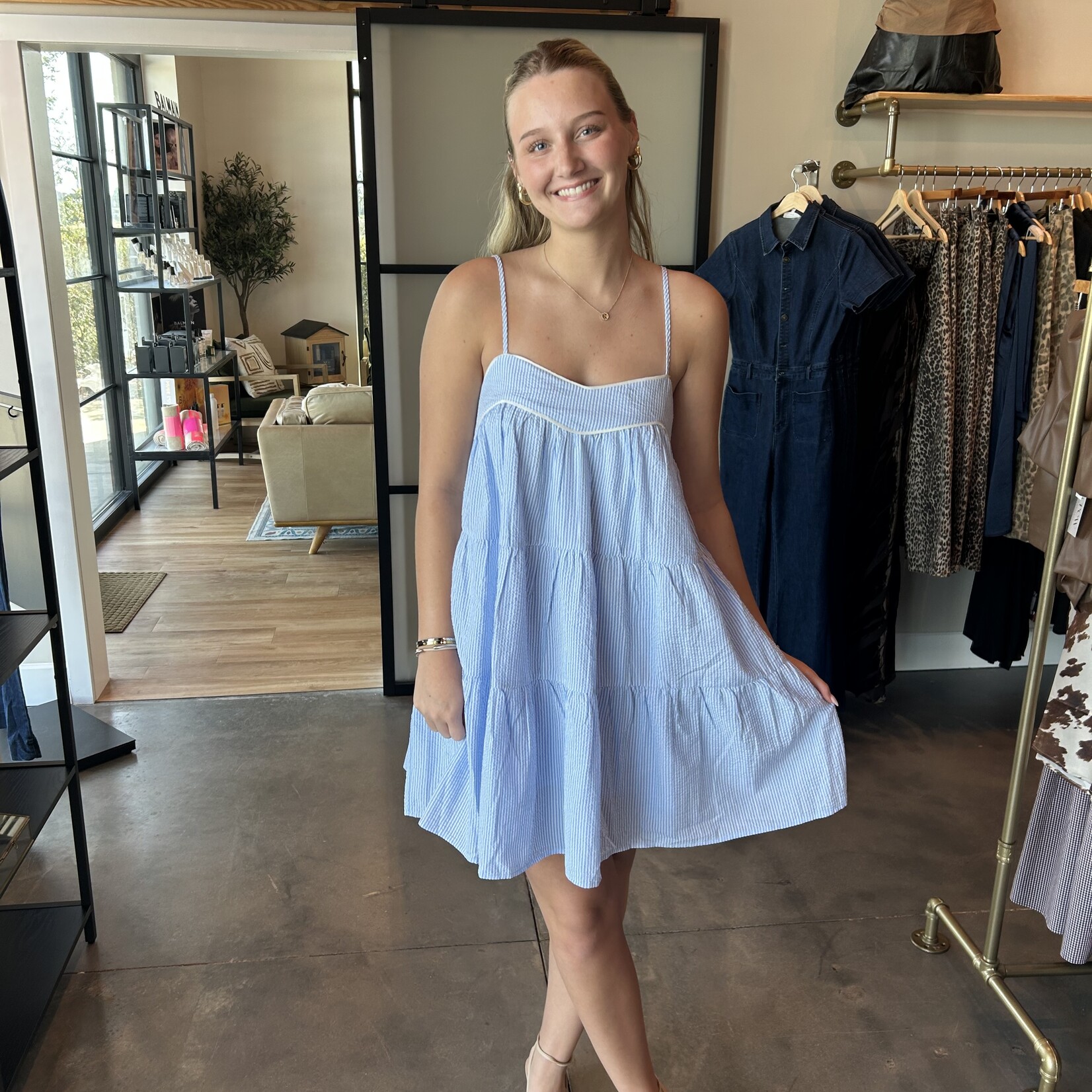 needii Pinstripe Babydoll Mini Dress