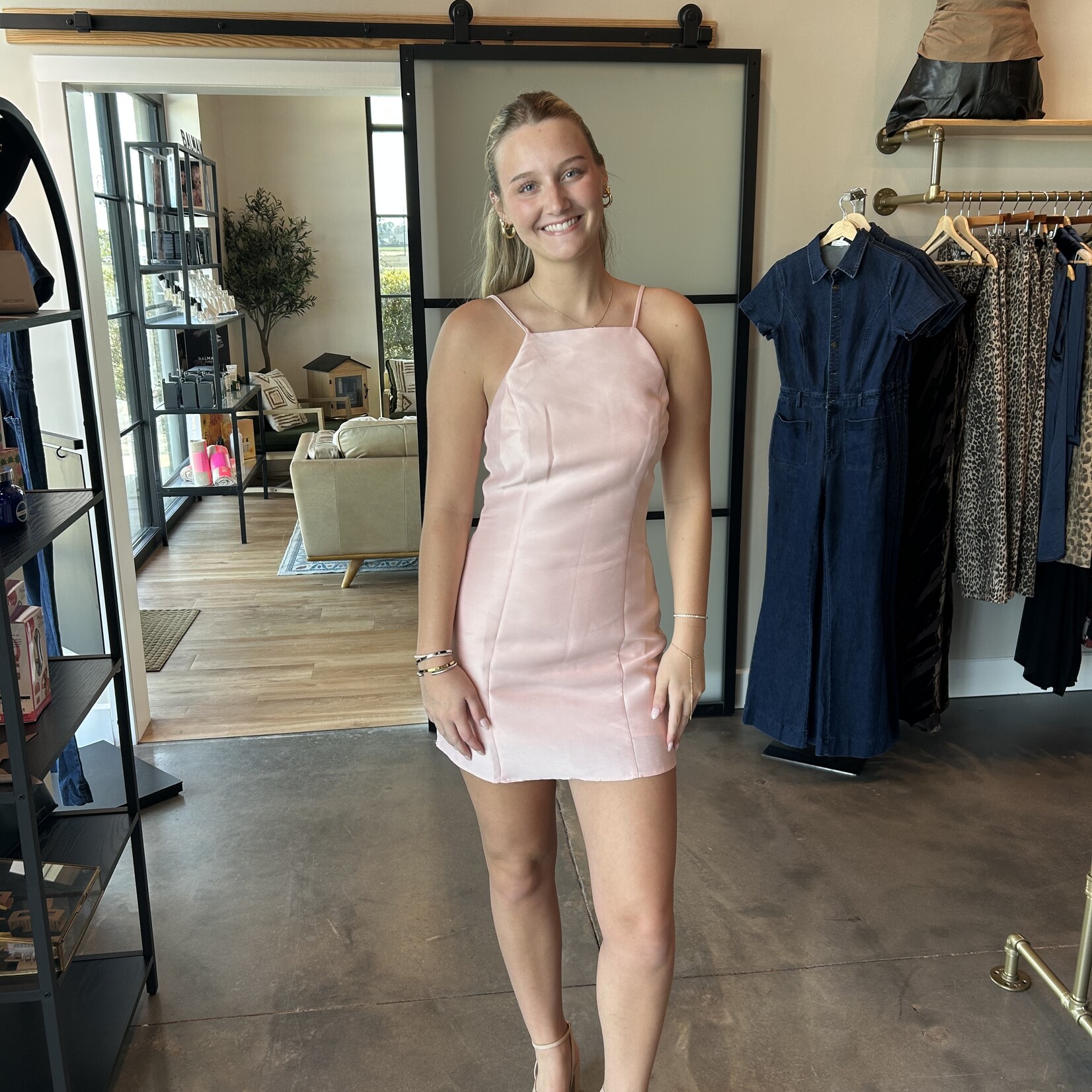 needii Square Neck Open Back Satin Mini Dress