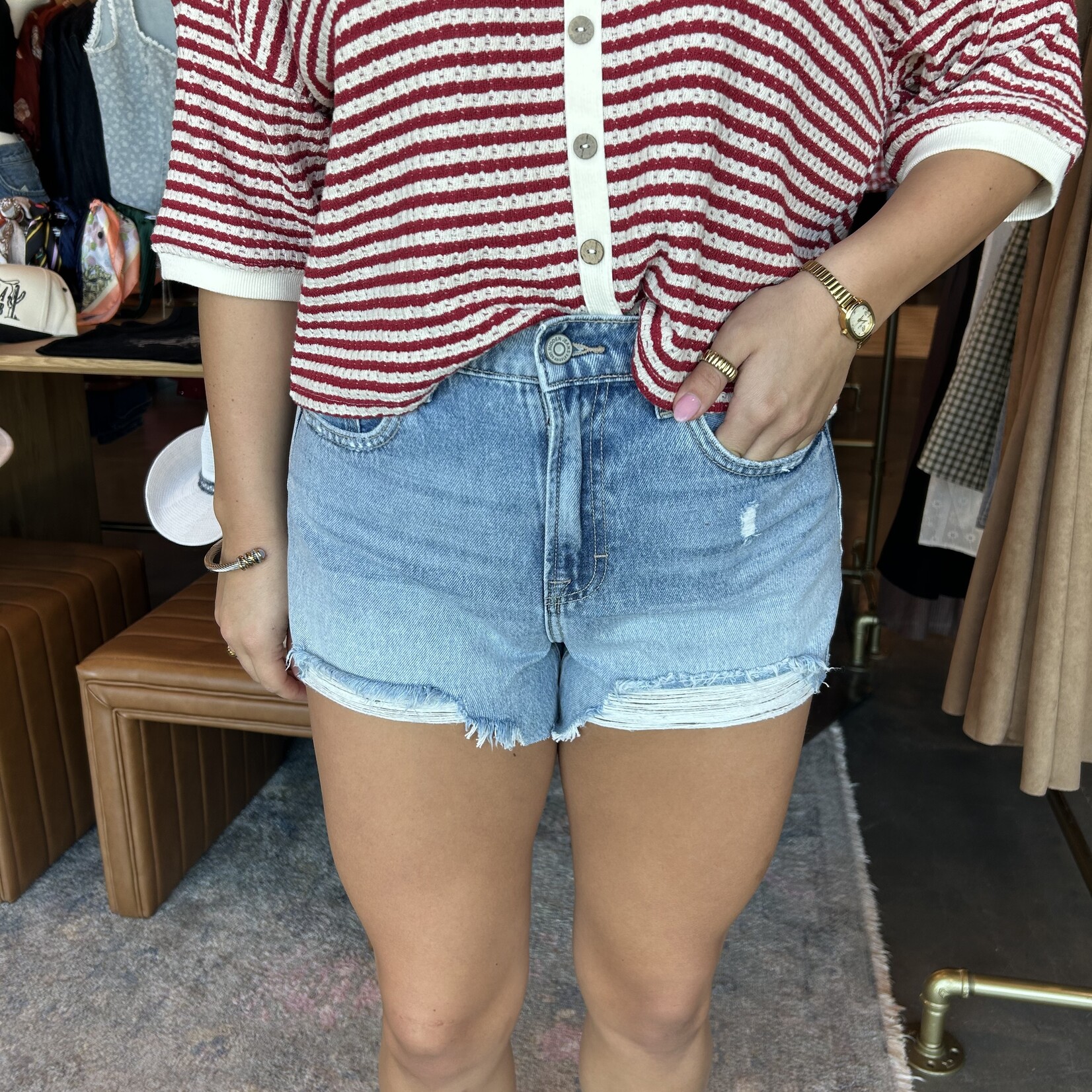 hidden High Rise Raw Hem Relaxed Shorts