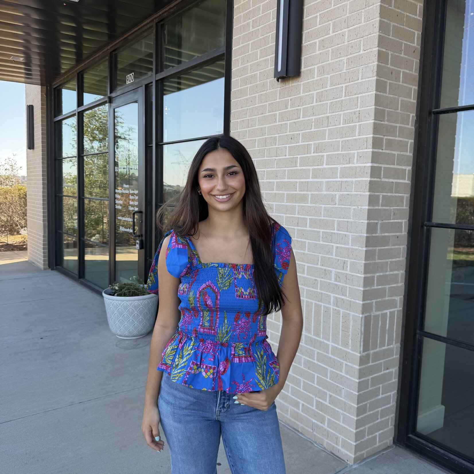 Tropical Print Smocked Top w/ Shoulder Details