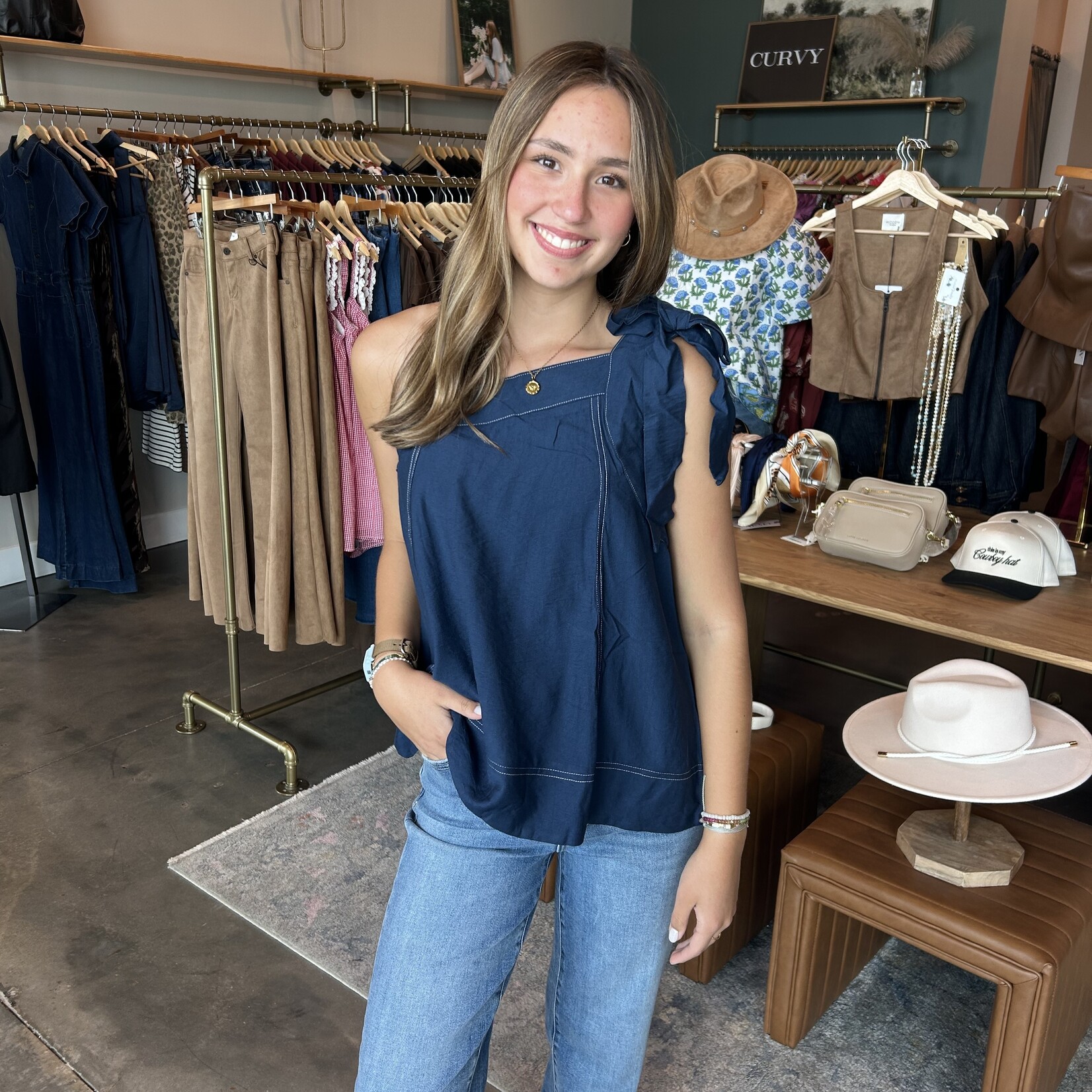 entro One Shoulder Bow Detail Flowy Blouse