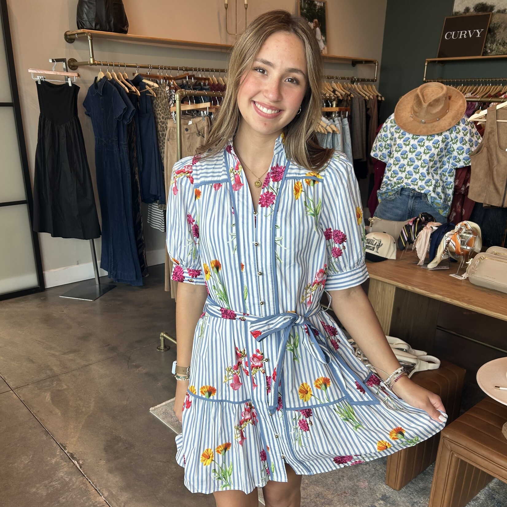 entro Striped Flower Print Mini Dress w/ Belt