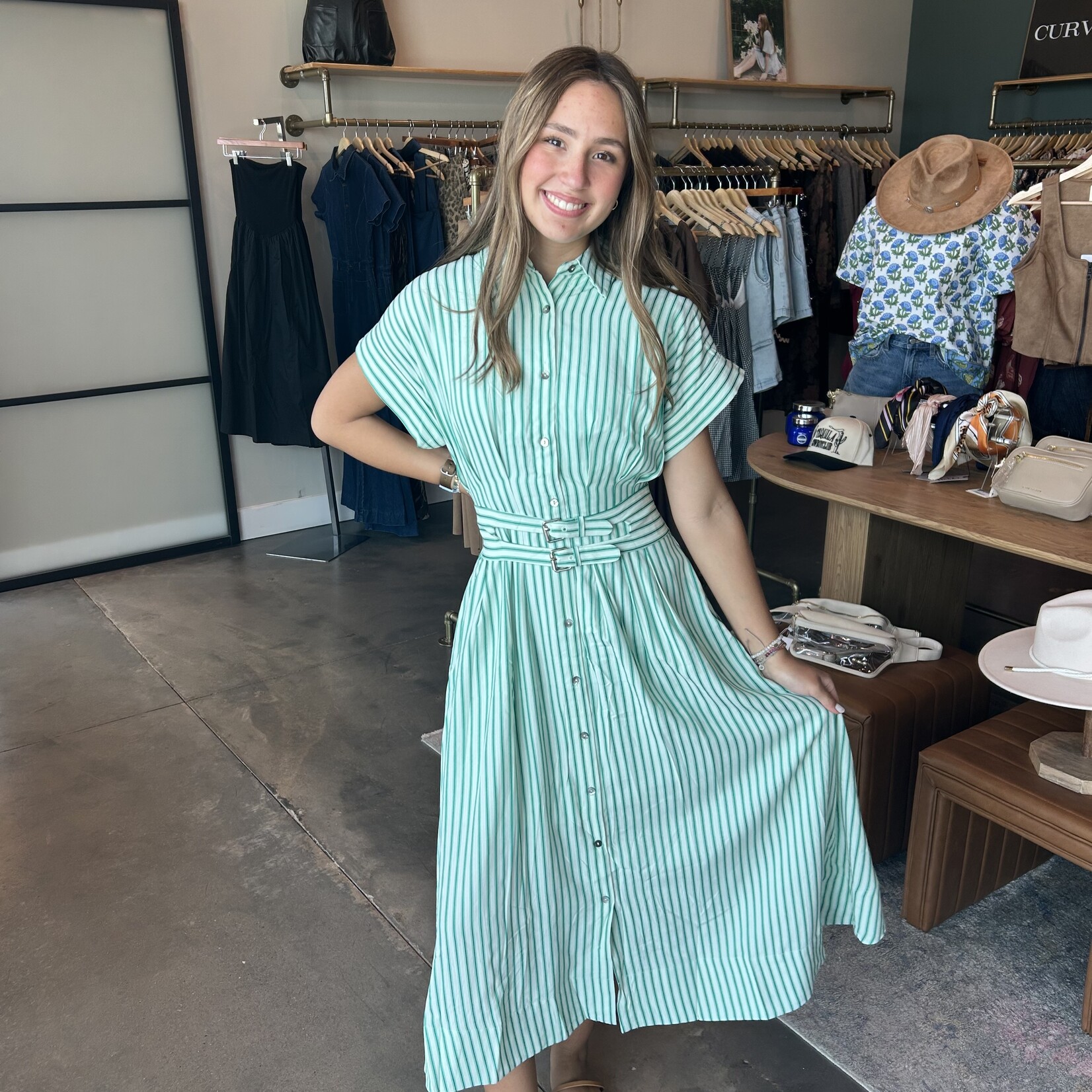 entro Belt Detail Striped Midi Dress