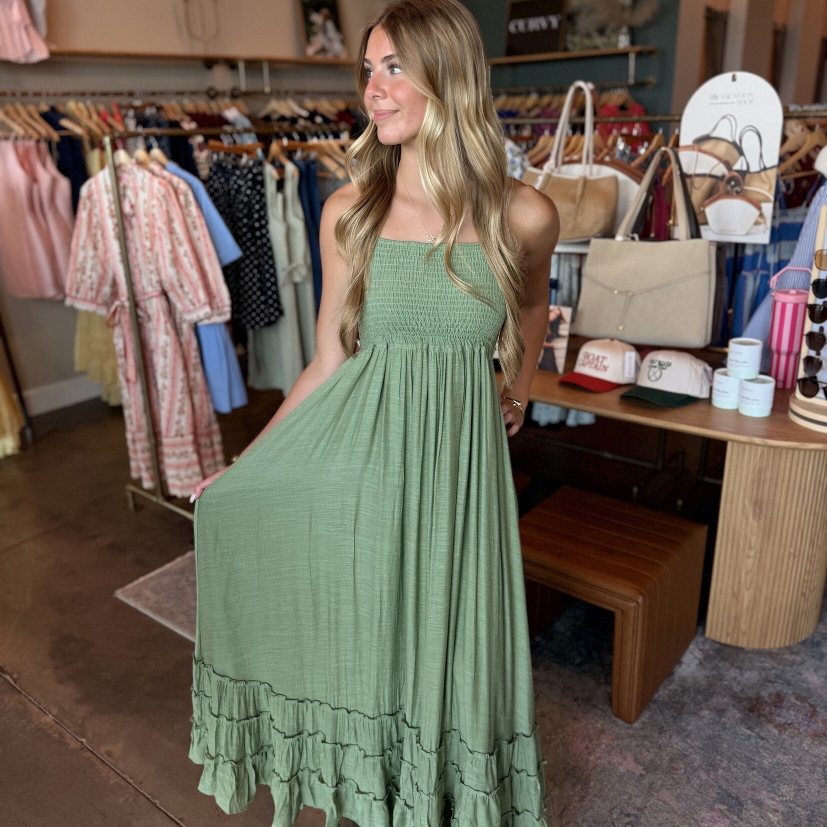 hyfve Ruffle Hem Open Back Halter Maxi Dress