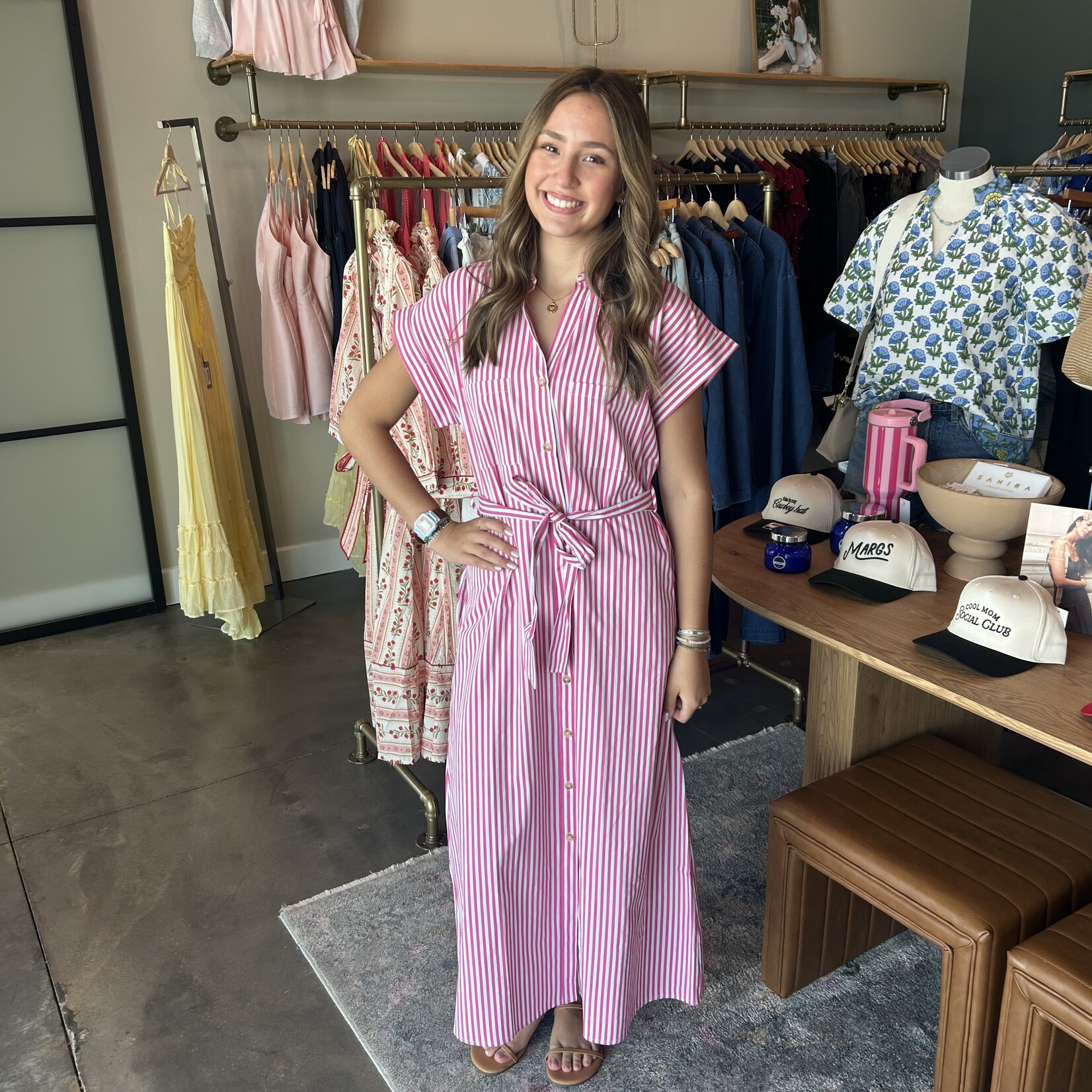 hyfve Striped Button Down Belted Maxi Dress