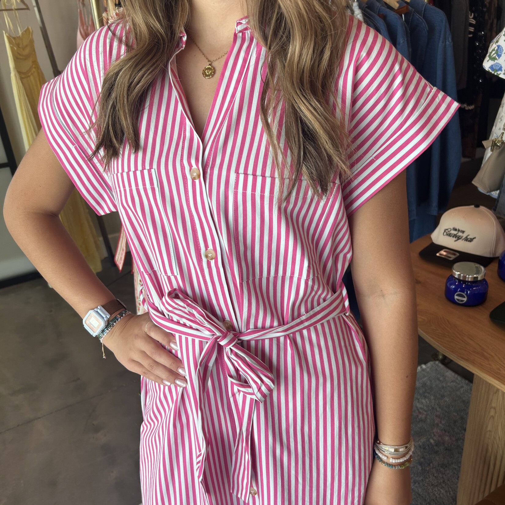 hyfve Striped Button Down Belted Maxi Dress