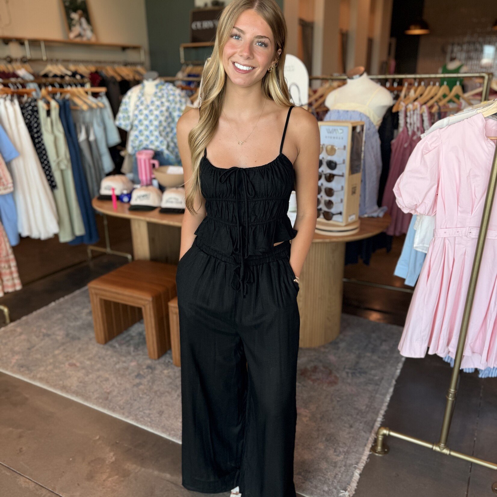 hyfve Ruffle Detail Crop Top and Wide Leg Pants Set