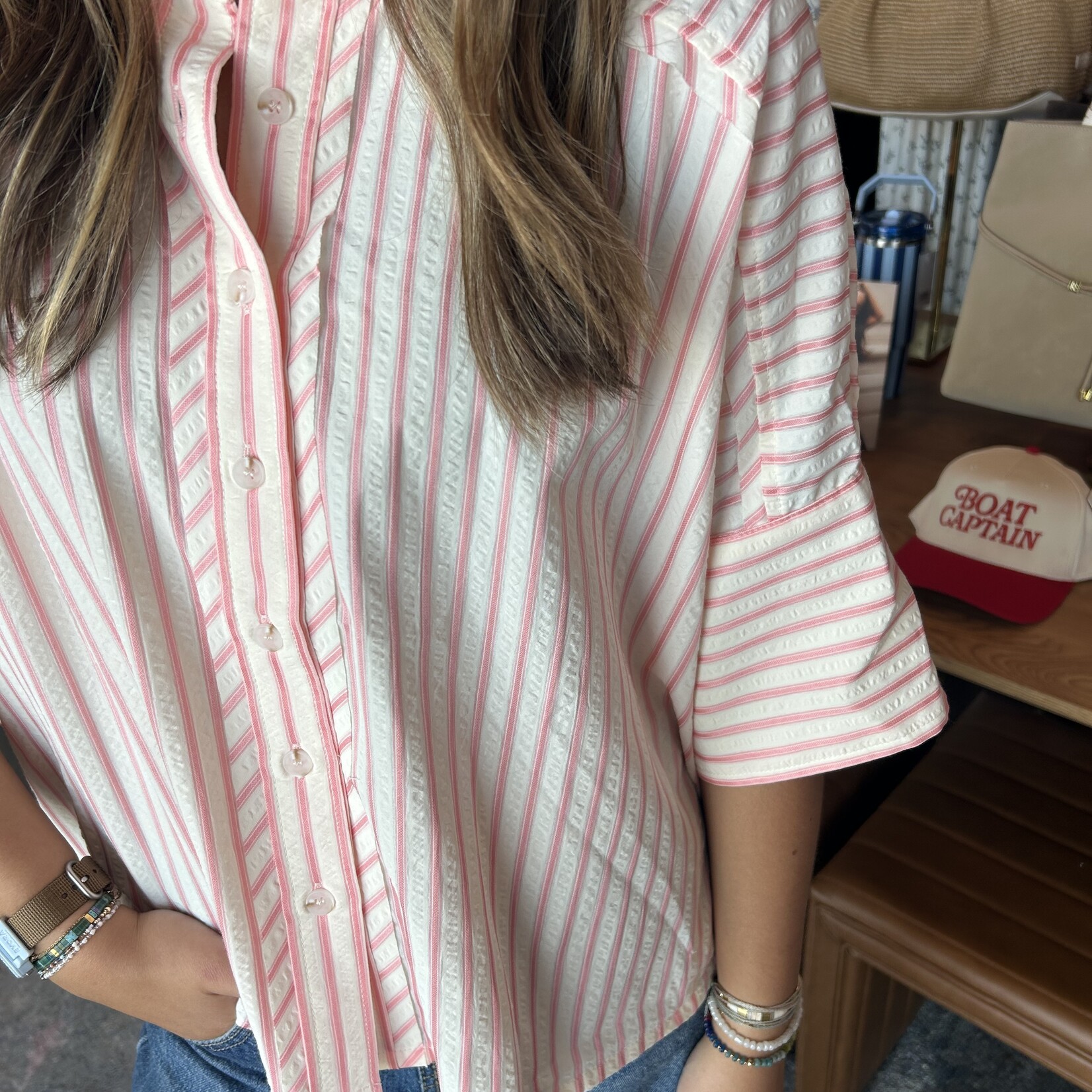 entro 3/4 Sleeve Striped Button Down Top