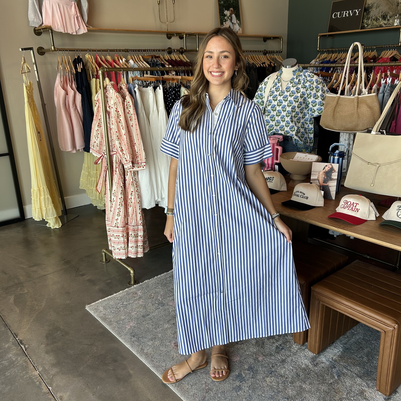 entro Button Down Striped Flowy Maxi Dress