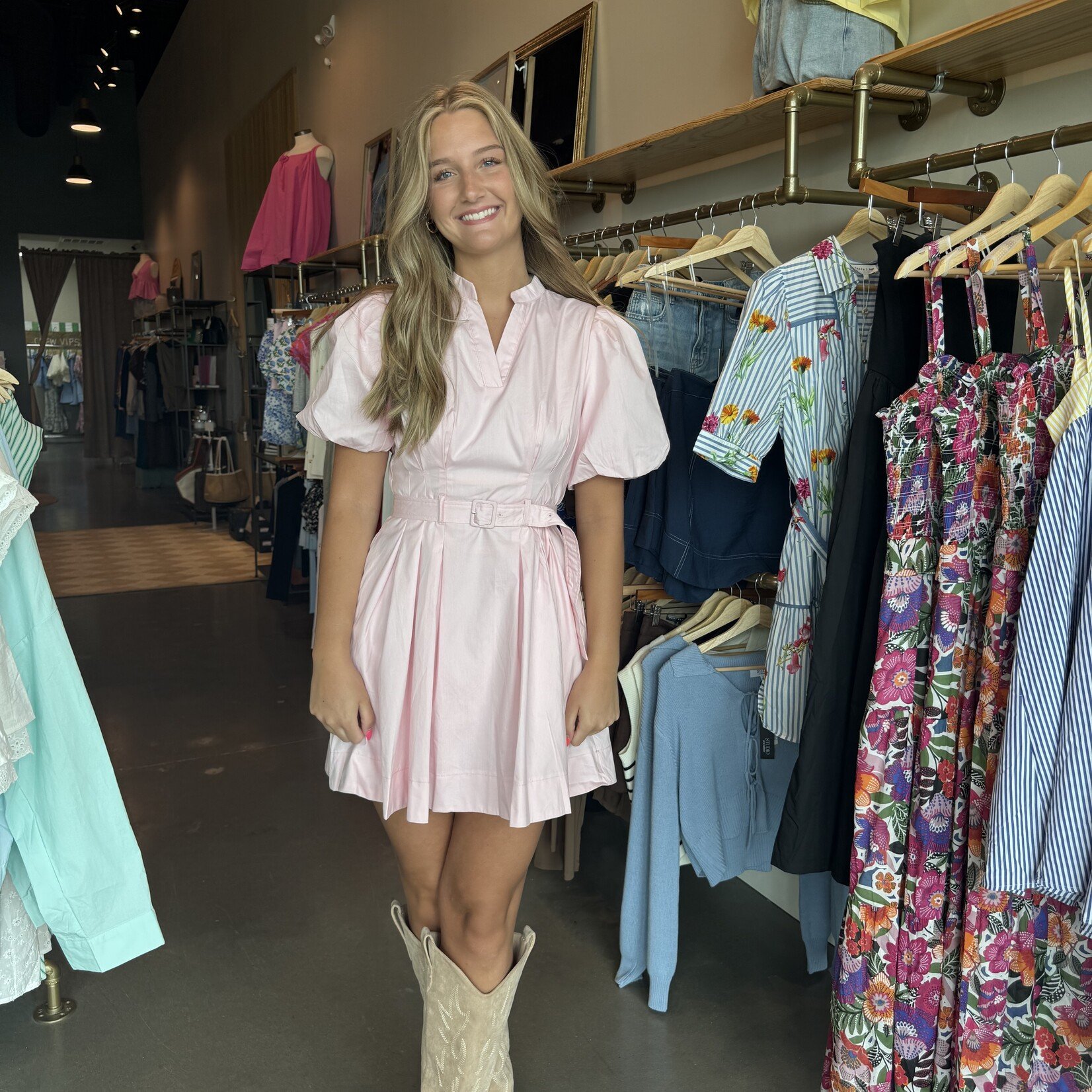 tcec Puff Sleeve Belted Mini Dress