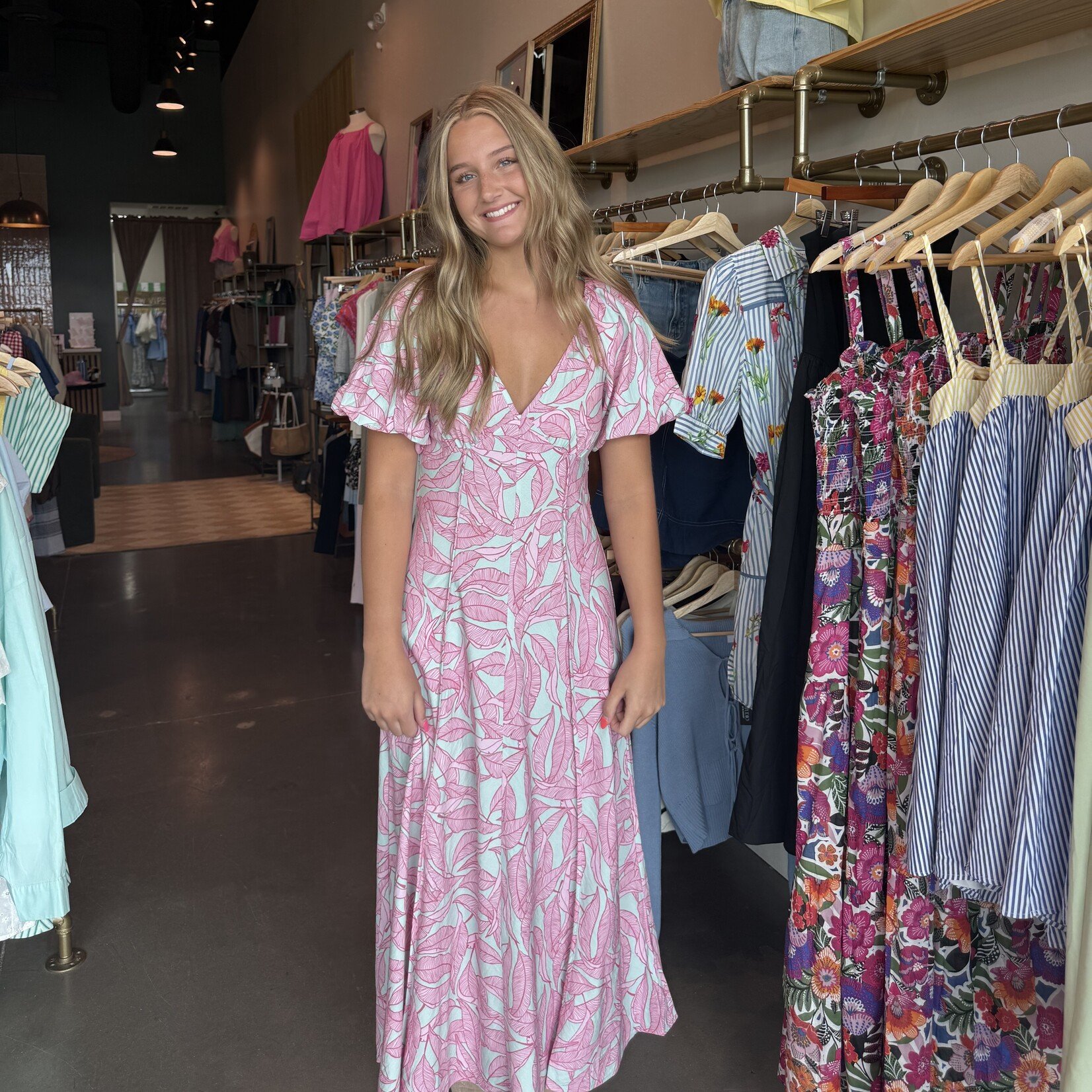 tcec Tropical Sleeve Puff Sleeve Midi Dress