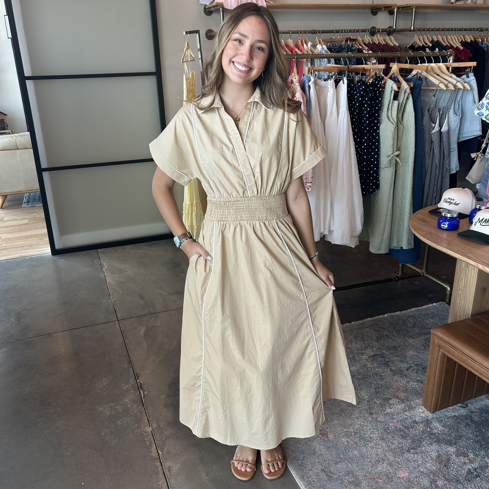 lalavon V-neck Elastic Waist Maxi Dress