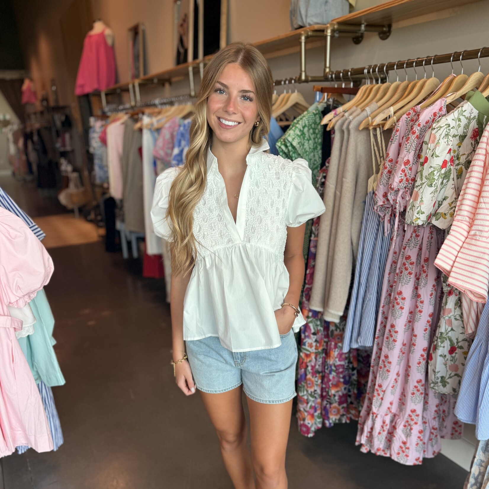 lalavon Puff Sleeve Top w/ Contrast Texture Detail