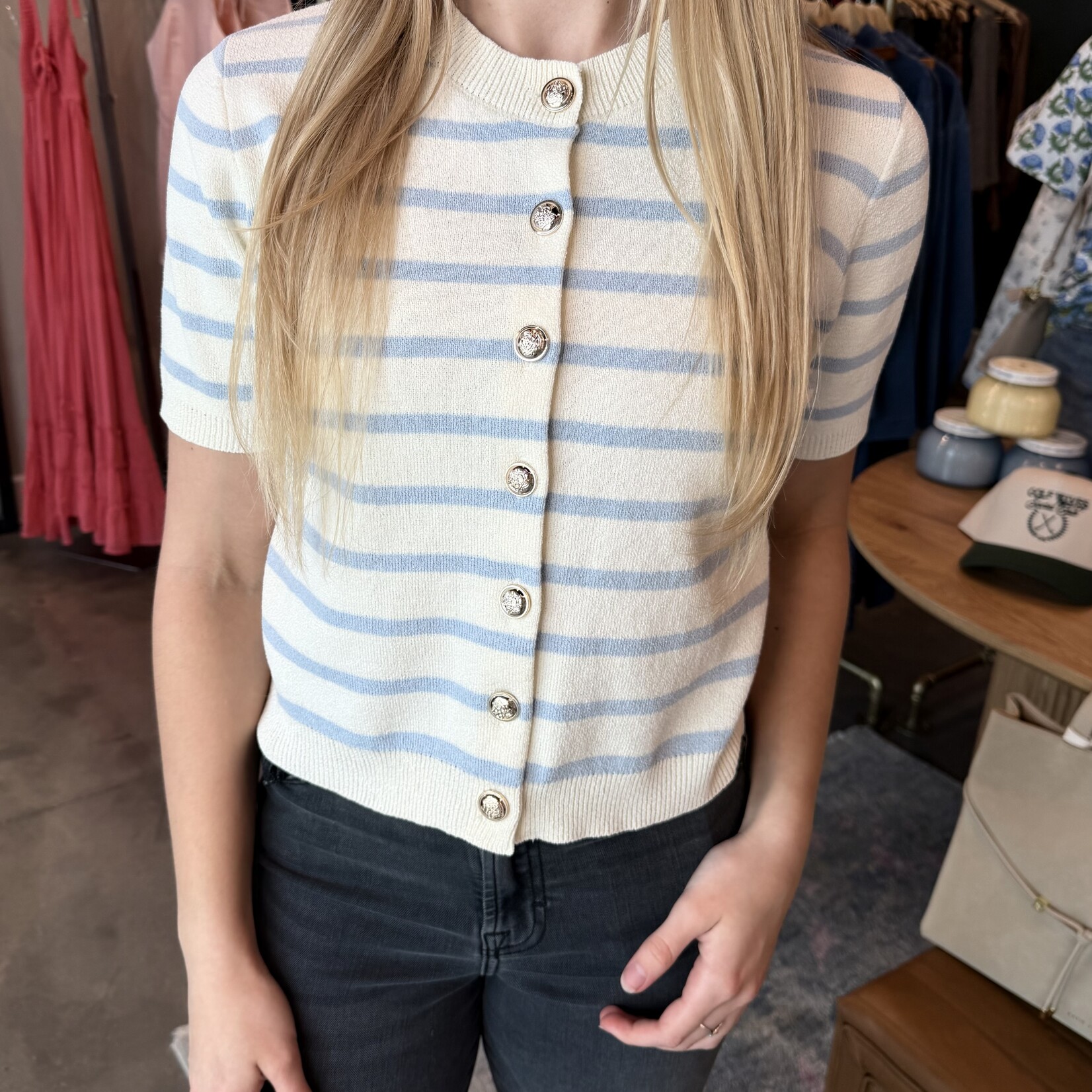 hyfve Striped Knit Short Sleeve Sweater w/ Gold Buttons