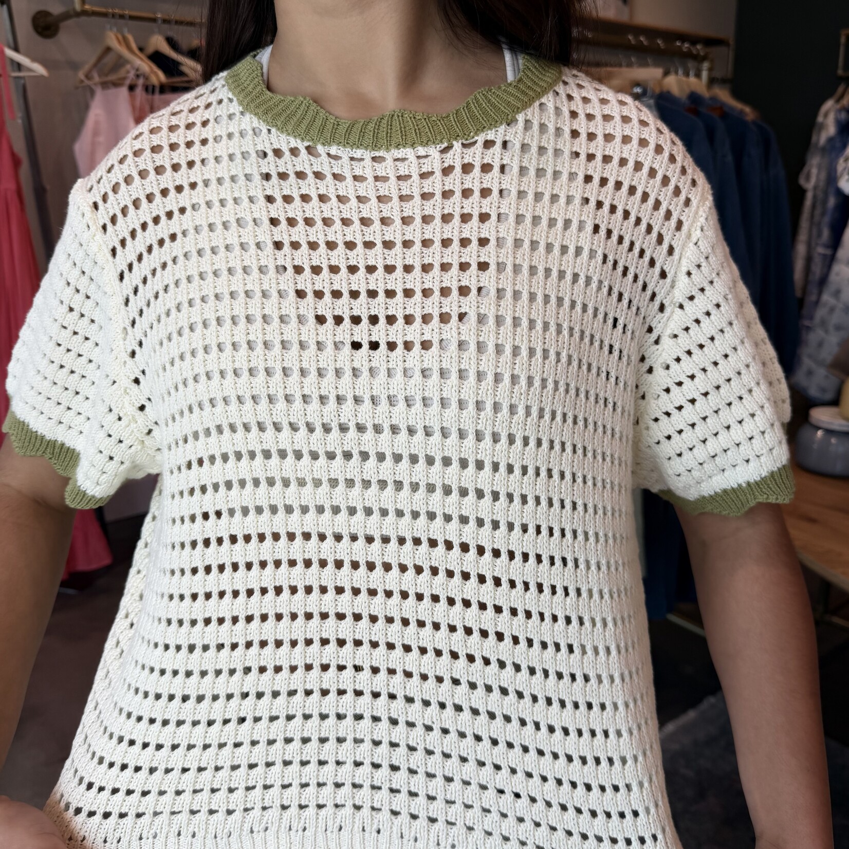 miou muse Open Knit Scallop Trim Short Sleeve Sweater