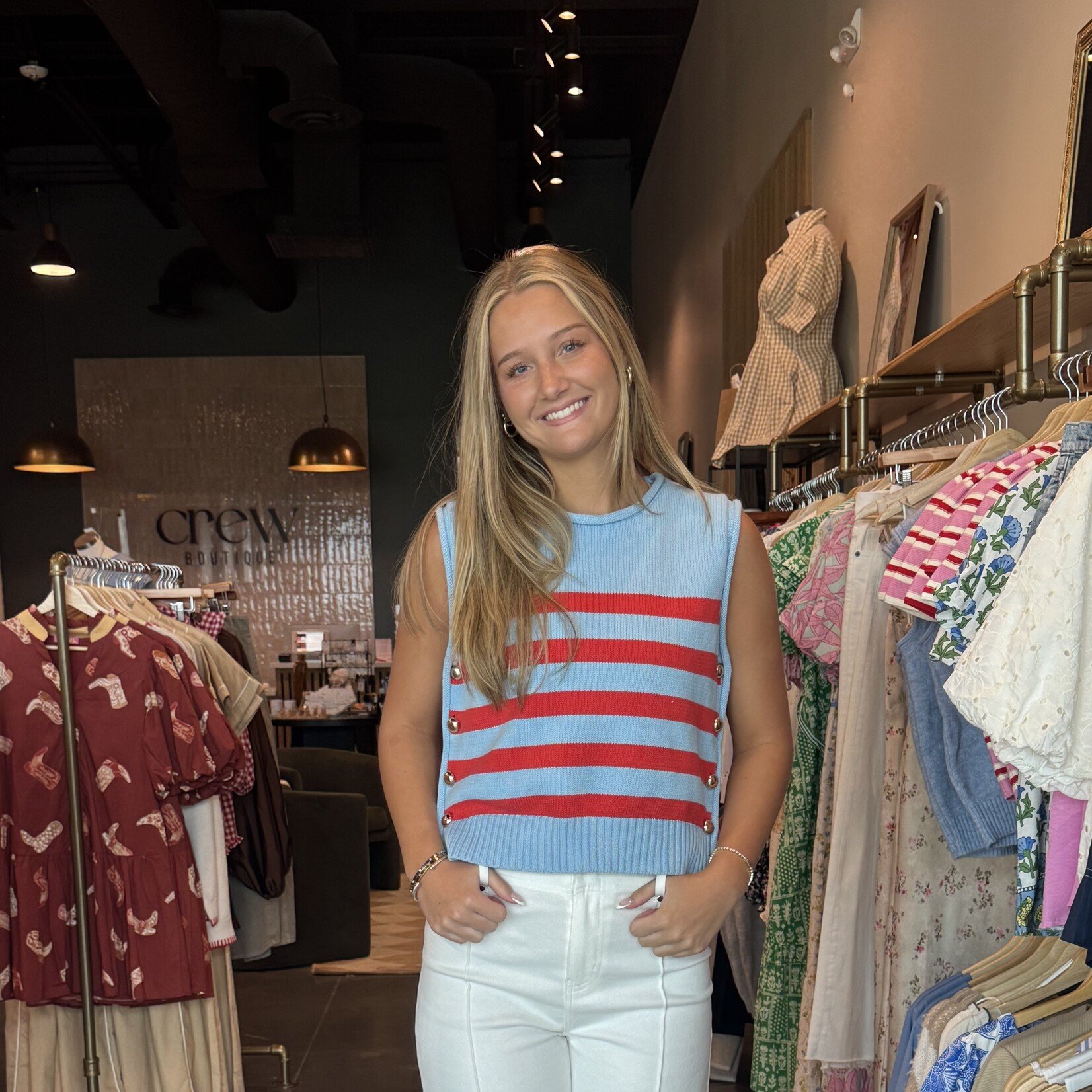 entro Stripe Print Knit Top w/ Gold Buttons