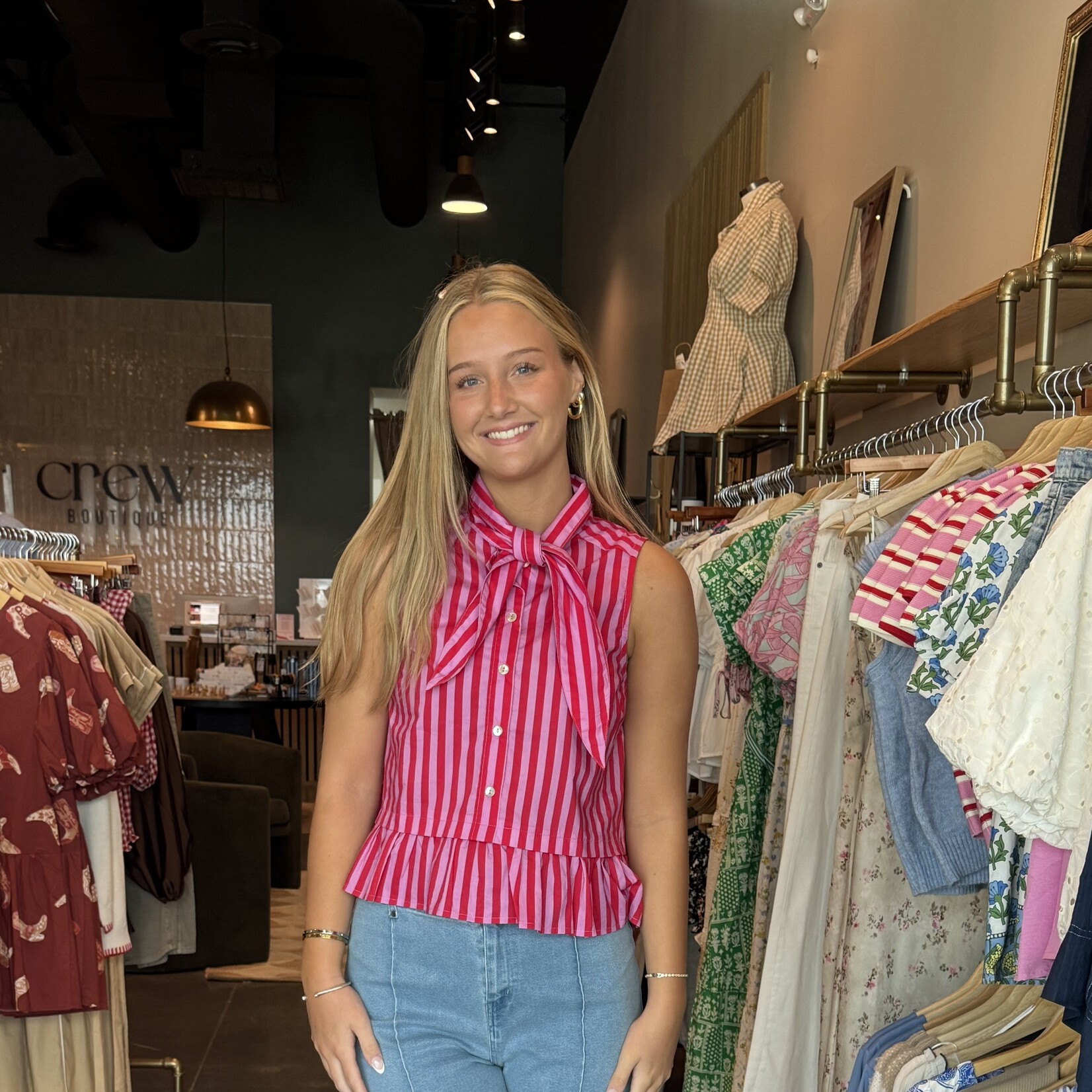 entro Tie Neck Striped Button Down Top