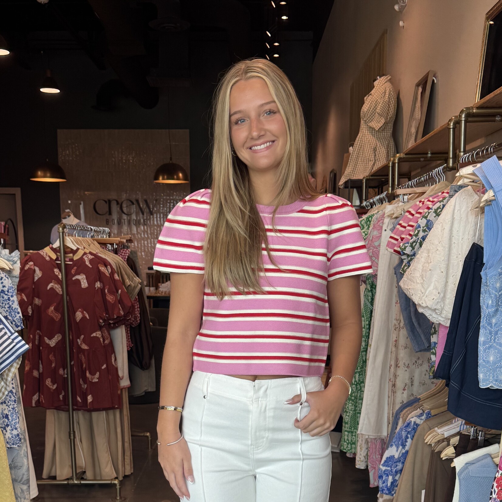 entro Puff Sleeve Stripe Knit Top