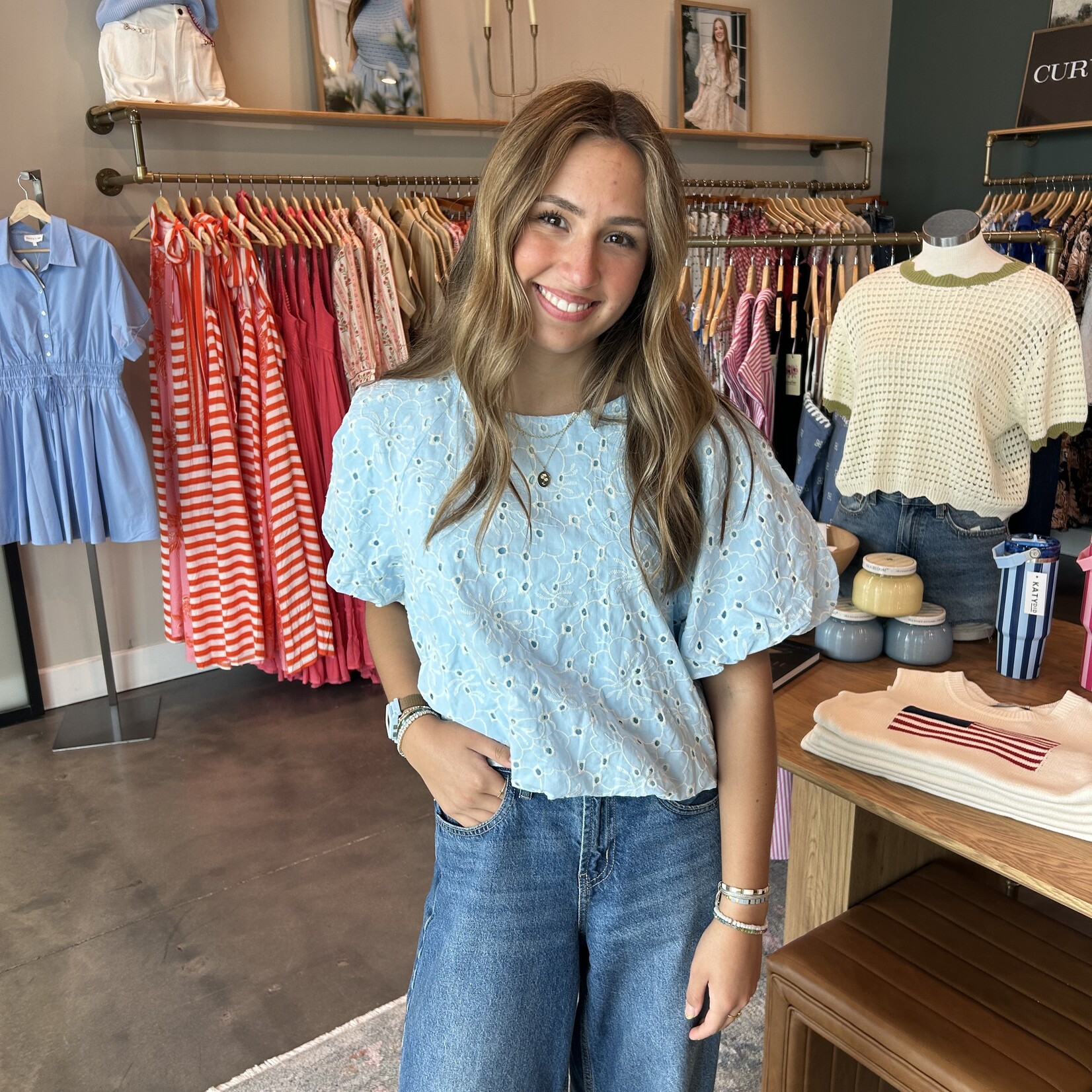 tcec Eyelet Bubble Sleeve Top
