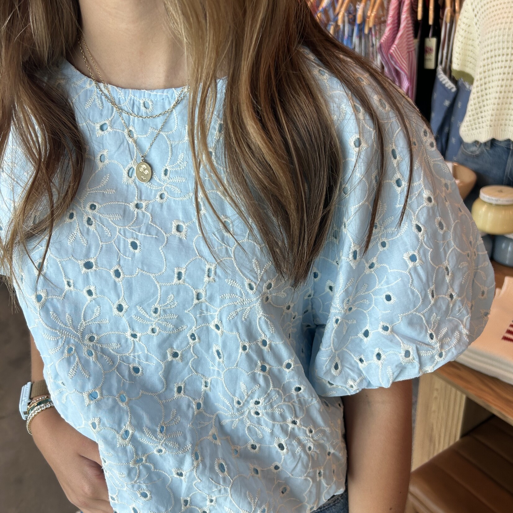tcec Eyelet Bubble Sleeve Top