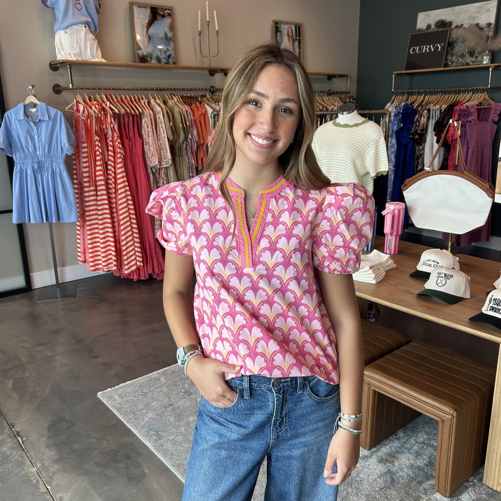 tcec Geometric Print Puff Sleeve Top