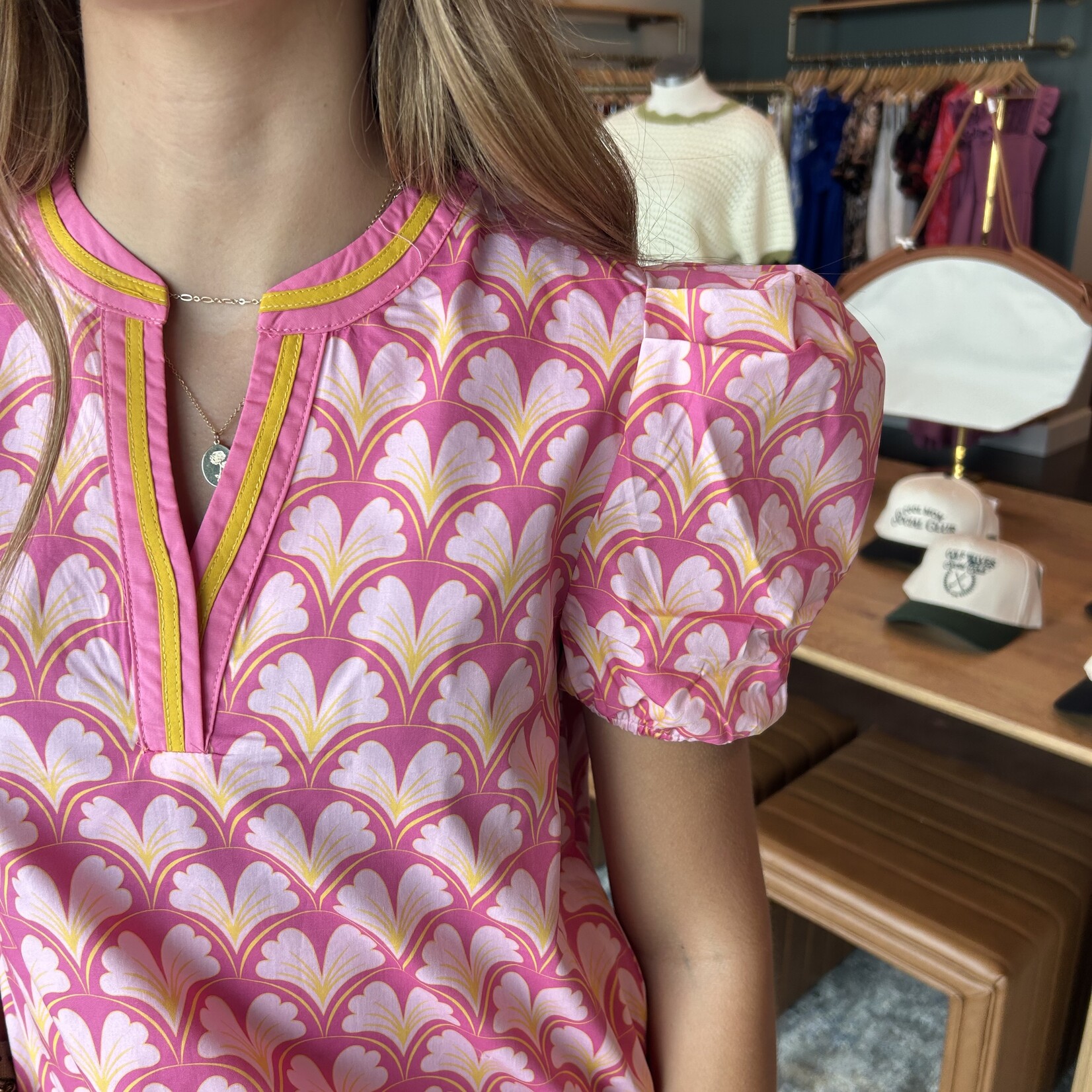 tcec Geometric Print Puff Sleeve Top