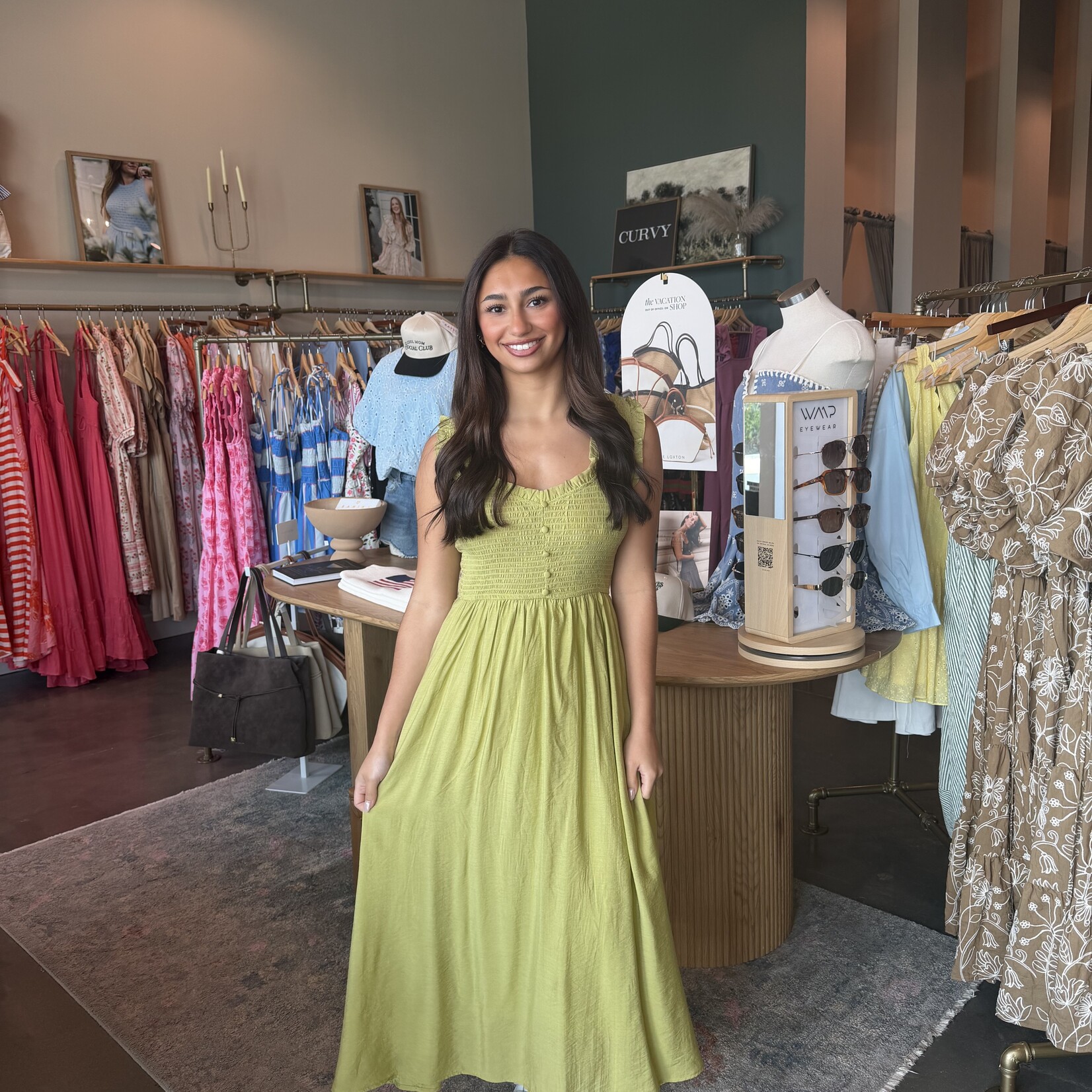 Smocked Top Button Midi Dress