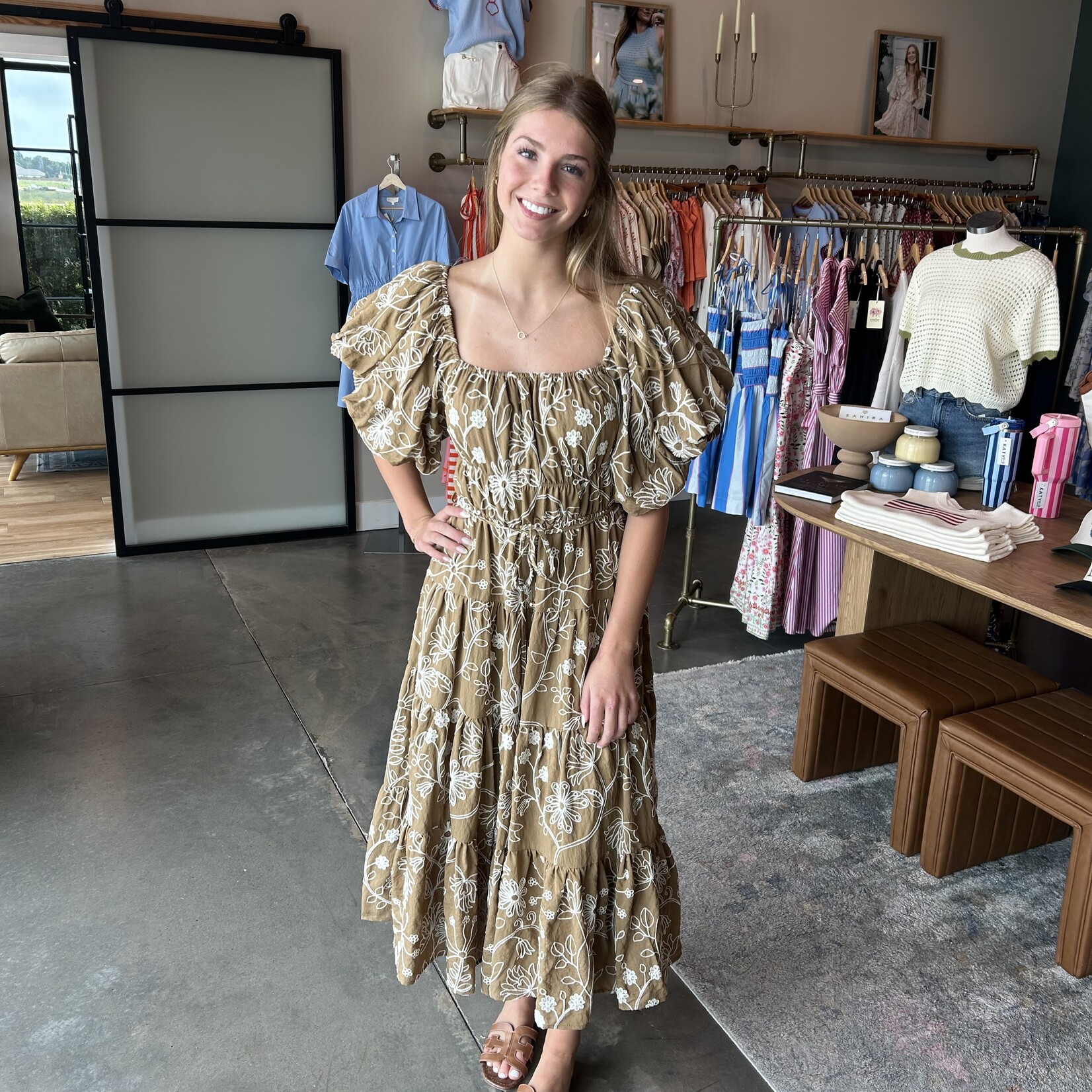 hyfve Floral Embroidered Puff Sleeve Midi Dress