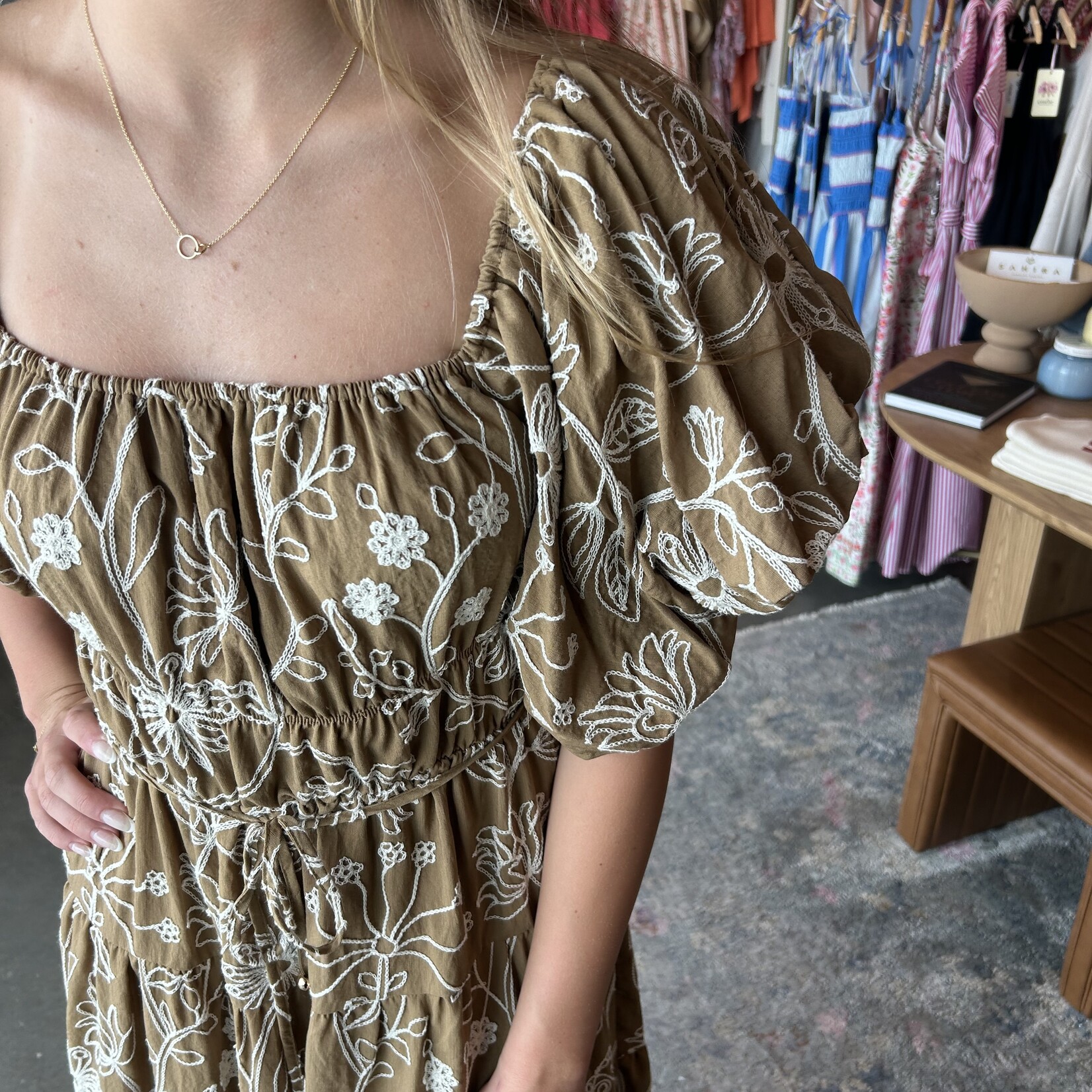 hyfve Floral Embroidered Puff Sleeve Midi Dress