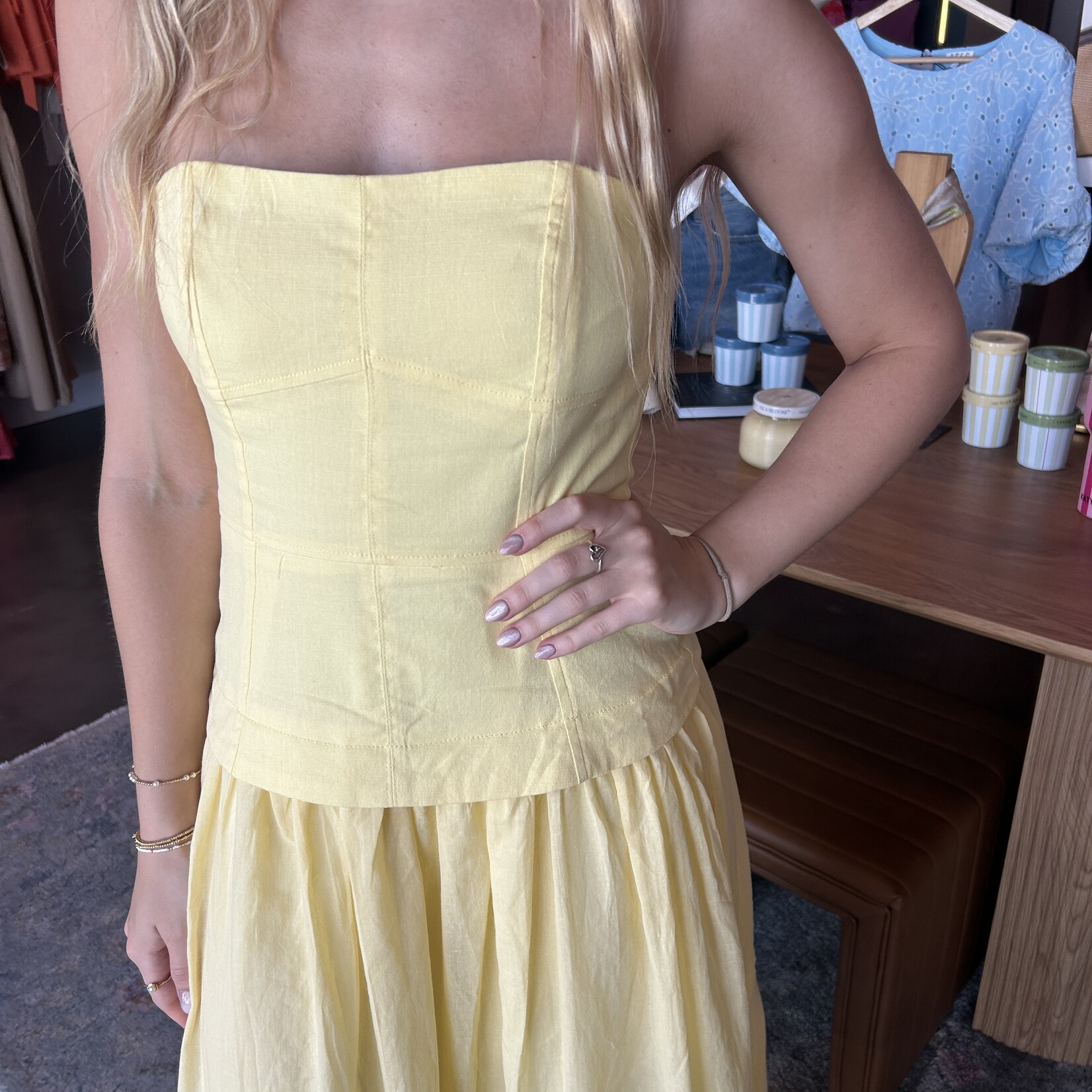 Mustard Seed Strapless Corset Bodice Midi Dress