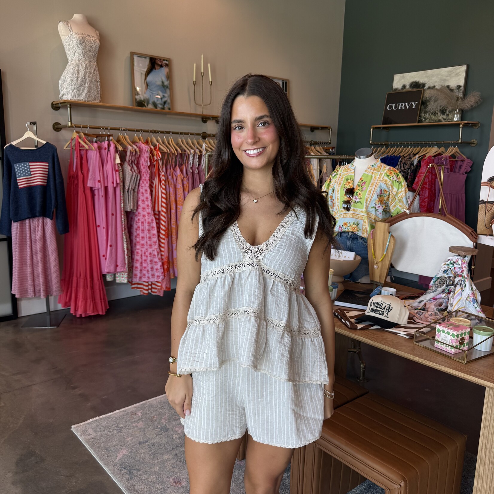 by together Lace Trim Striped Shorts Set