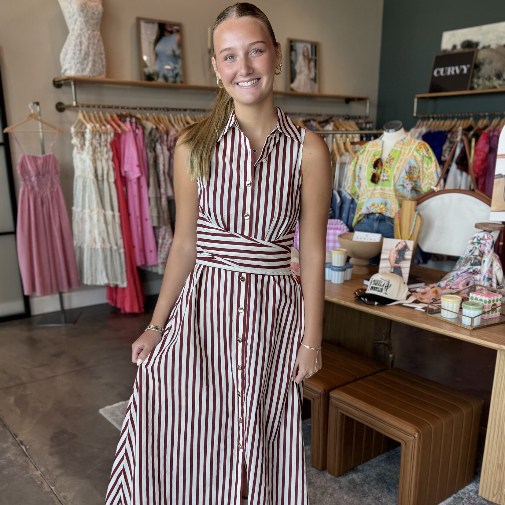 entro Stripe Tie Waist Midi Dress