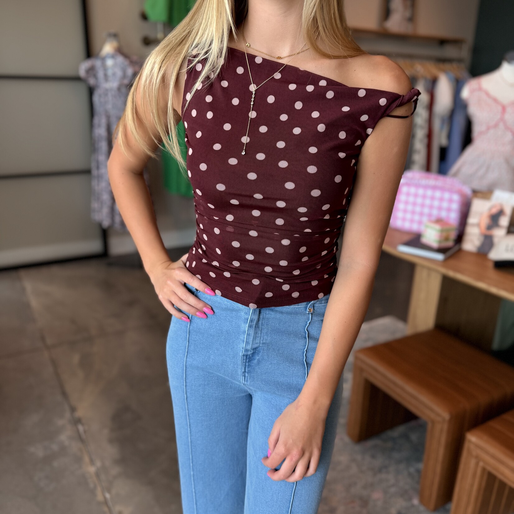 Polka Dot Asymmetrical Twist Top