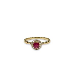 (R)14KY .45CT .13TW RUBY RND DIA HALO RING 14KT YELLOW GOLD