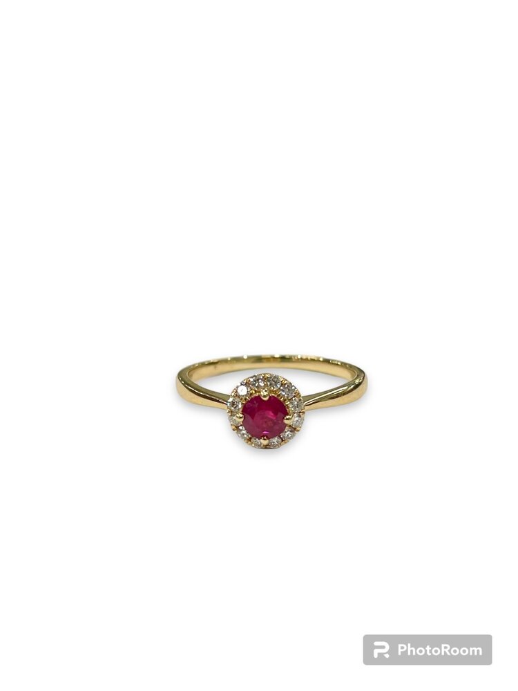 (R)14KY .45CT .13TW RUBY RND DIA HALO RING 14KT YELLOW GOLD