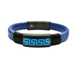 BLACKJACK (Y)BLUE LEATHER STAINLESS STEEL GREEK KEY BRACELET
