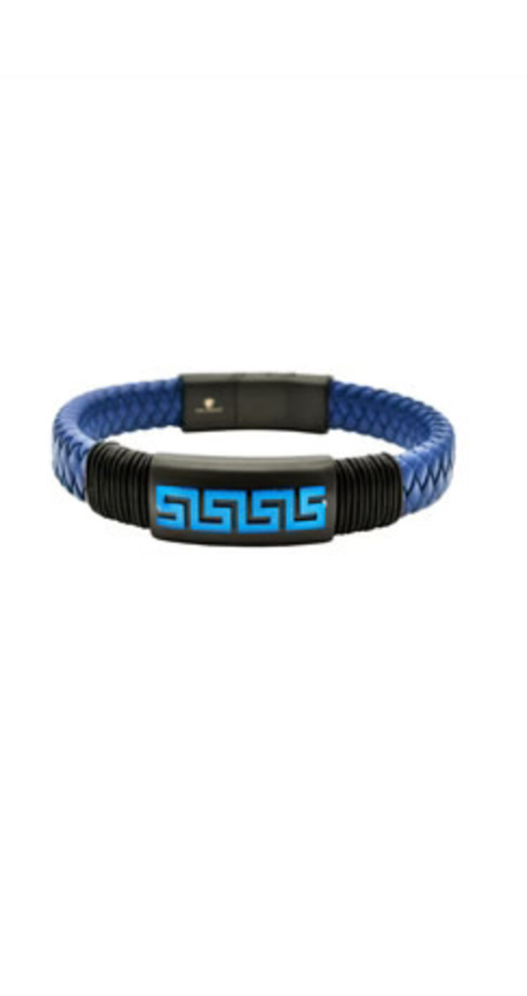 BLACKJACK (Y)BLUE LEATHER STAINLESS STEEL GREEK KEY BRACELET