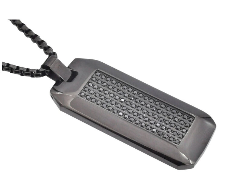 BLACKJACK (Y)BJ BLACK CZ & STAINLESS STEEL DOG TAG 24” LONG ROUND BOX CHAIN