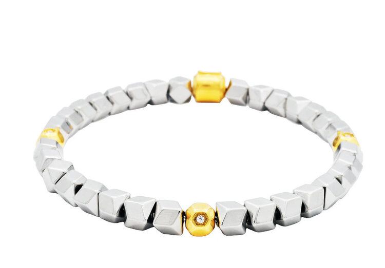 BLACKJACK (Y)BJ TWO TONE FACETED BEAD CZ STAINLESS STEEL BRACELET