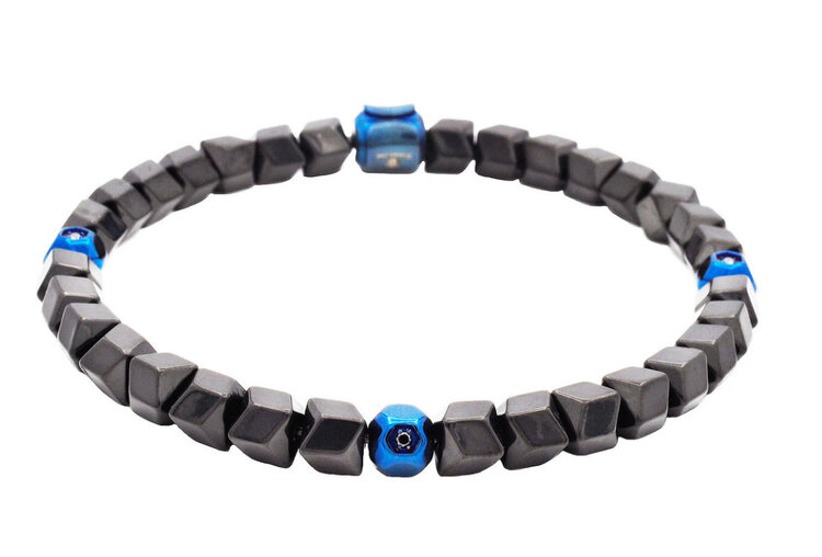 BLACKJACK (Y)BJ BLACK AND BLUE FACETED BEAD CZ STAINLESS STEEL BRACELET