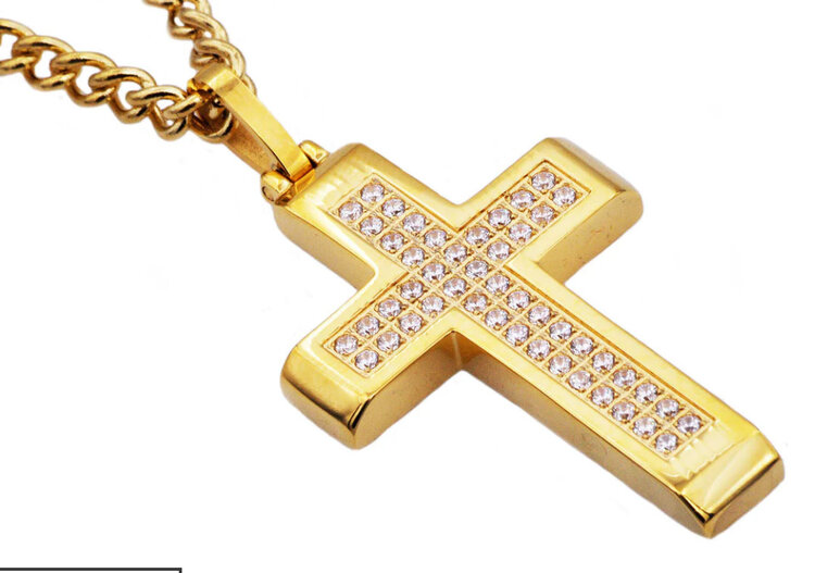 BLACKJACK (Y)BJ CZ YELLOW STAINLESS STEEL CROSS WITH CURB CHAIN 24” LONG